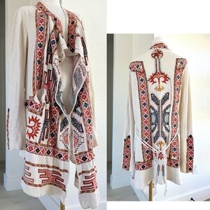 BIYA by Johnny Was Off White Aztec Print Embroidered Open Front  Cardigan Small